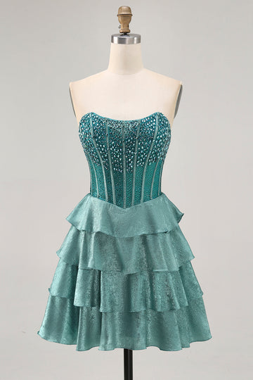 Peacock Green Corset Strapless Tiered A-Line Homecoming Dress with Rhinestones